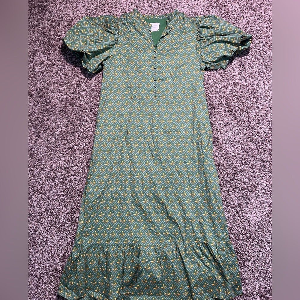 Hyacinth Green Floral Puff Sleeve Mimi midi Dress size Large